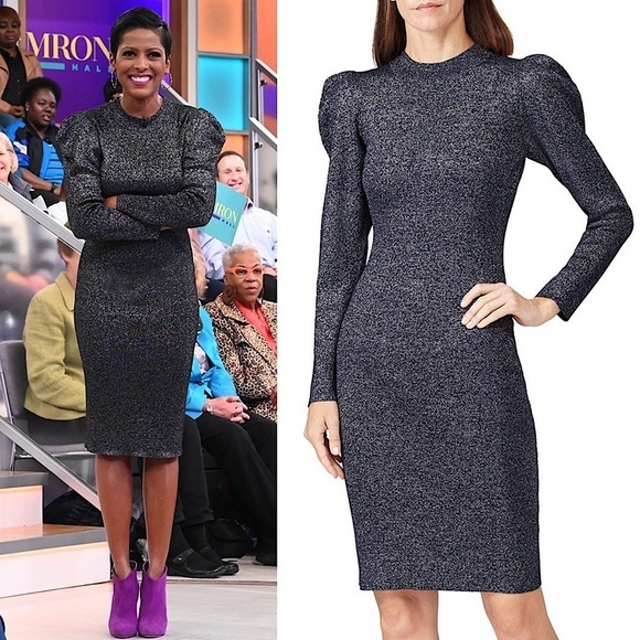 SACHIN & BABI Navy Sparkle Rib Knit Puffed Long Sleeve Mockneck Sheath Dress L - Picture 1 of 7